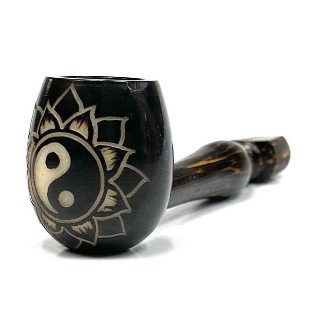 Tagua Nut Hand Carved Pipe with Hand Carved Wooden Stem, Assorted 1 Count