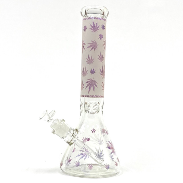 Fancy Weed Leaf Wrapped 7mm Thick 13.5" Beaker Glass Water Pipe, Assorted Colors